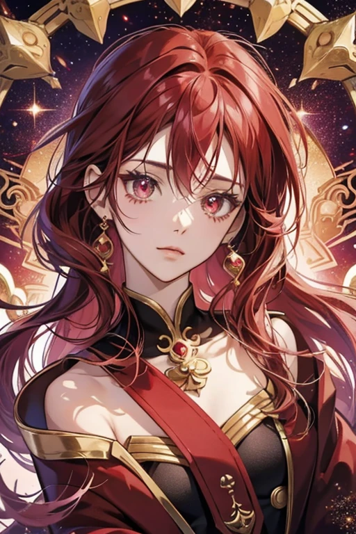 anime style; 3d; glitter; horoscope sign Aries goddess; color red; Ram details; ♈ symbol; garnet stone;