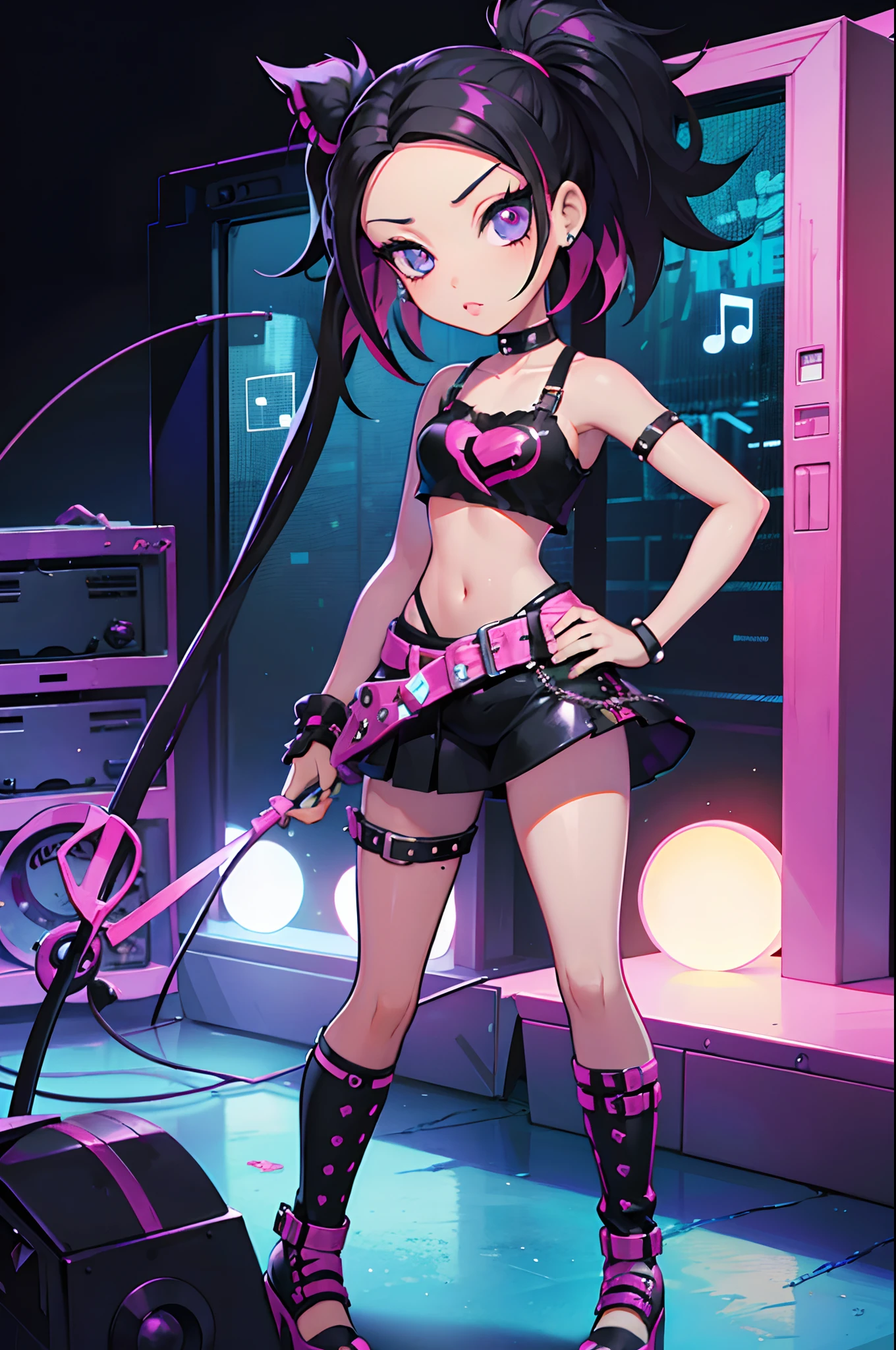 1girl, ((Bratz Doll)), scottpilgrimvstheworld, musician, rocker girl, punk girl, emo girl, pop girl, cinematic lighting, cinematic style, perfect anatomy, perfect physics.