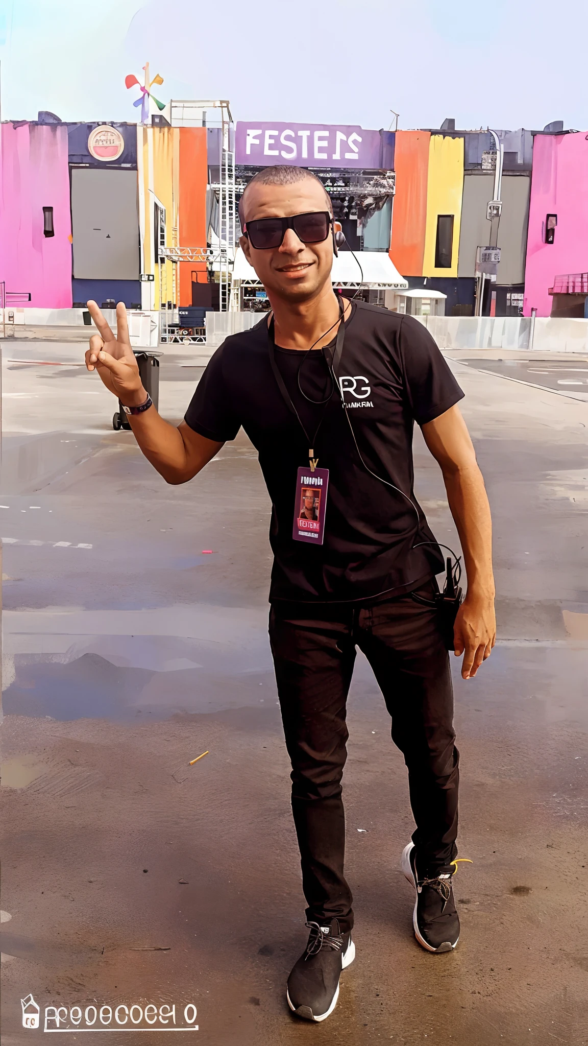 Araffe man in black shirt and sunglasses in front of a building, com uma pose cool, tiro de corpo inteiro, Pose satisfeita, he is wearing a black t-shirt, Pose casual, posar para uma foto, taken in the early 2020s, Pose legal, caio santos, tiro de corpo inteiro!!, no palco