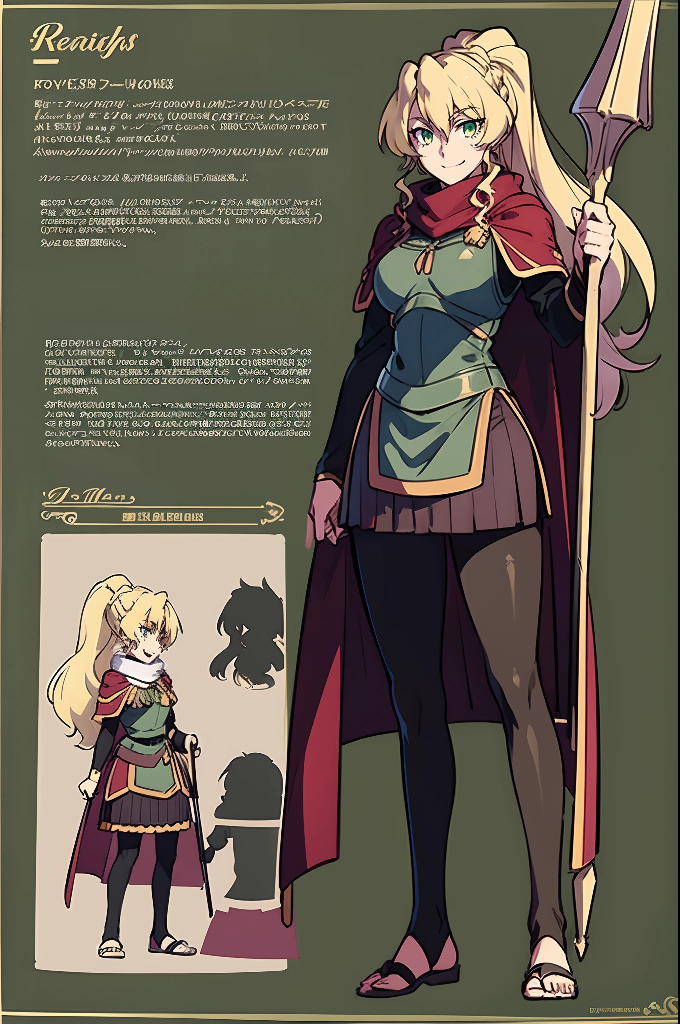 skirt vest, pantyhose, ponytail, long hair, blond hair, knight, medium breast,alicetaria february, green eyes,,smile, staff holding, cape, scarf, thick eyelashes,, castle background,fantasy,,standing, refsheet, solo focus, full body, flipflops