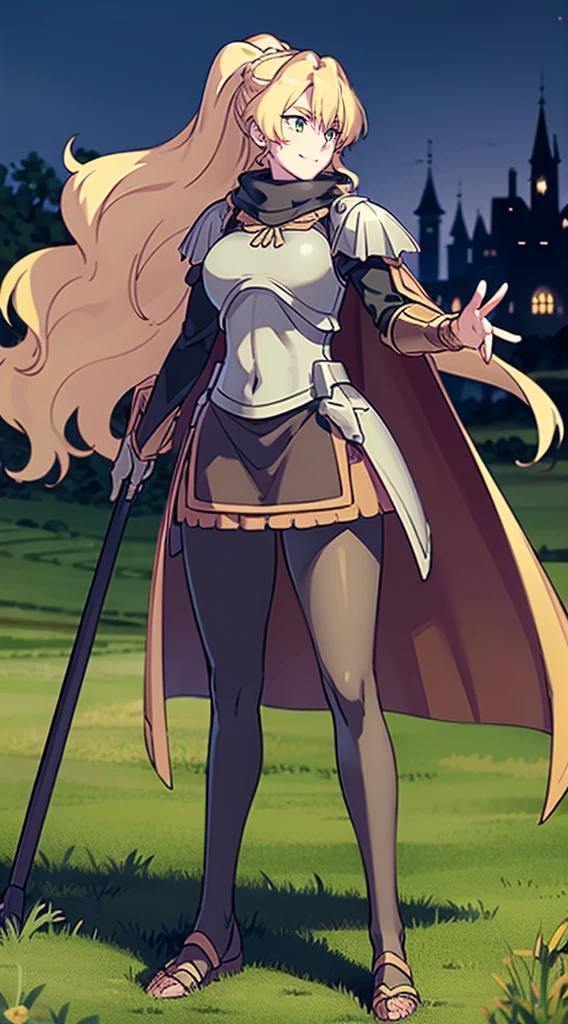 skirt vest, pantyhose, ponytail, long hair, blond hair, knight, medium breast,alicetaria february, green eyes,,smile, staff holding, cape, scarf, thick eyelashes,, castle background,fantasy,,standing, refsheet, solo focus, full body, flipflops,