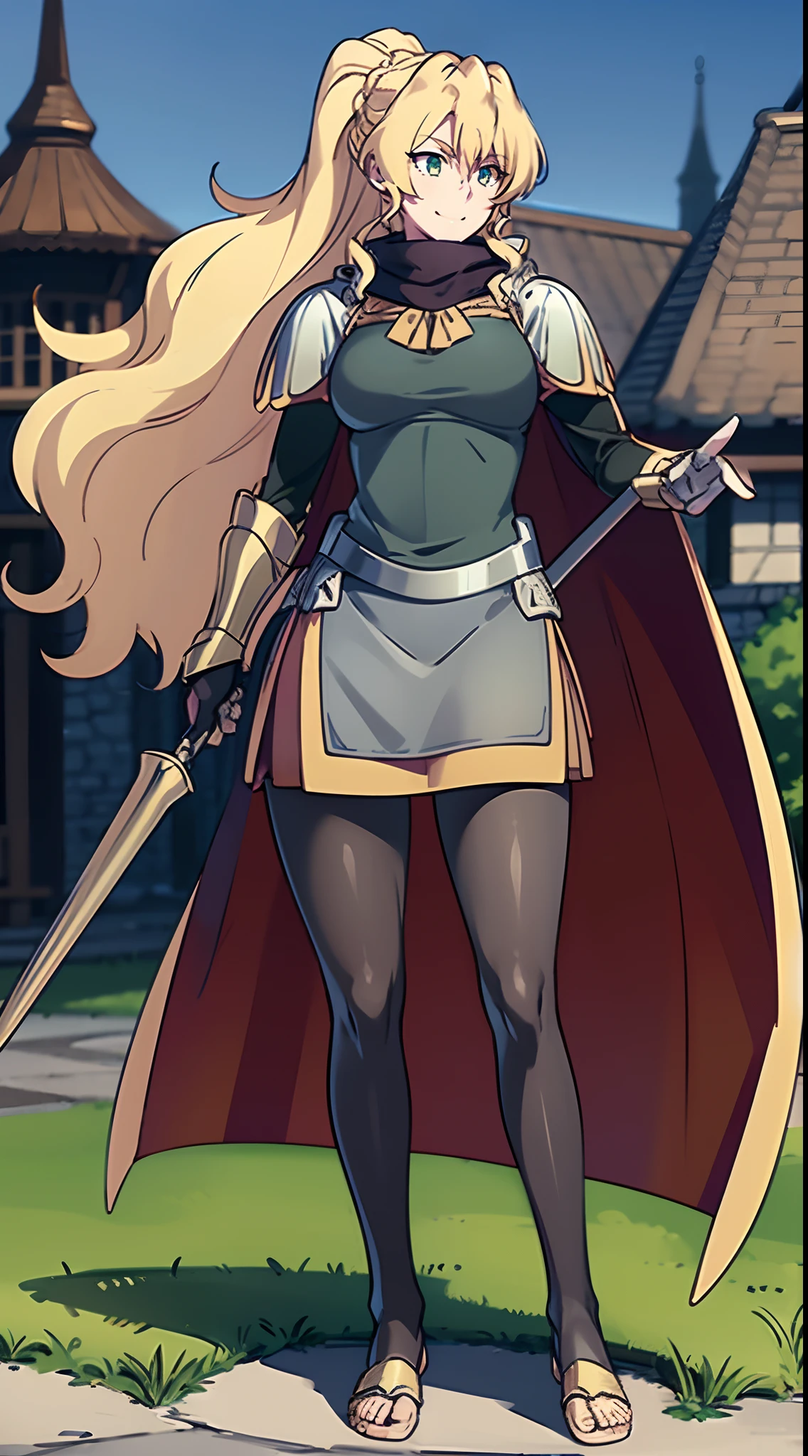 skirt vest, pantyhose, ponytail, long hair, blond hair, knight, medium breast,alicetaria february, green eyes,,smile, staff holding, cape, scarf, thick eyelashes,, castle background,fantasy,,standing, refsheet, solo focus, full body, flipflops, riding horse