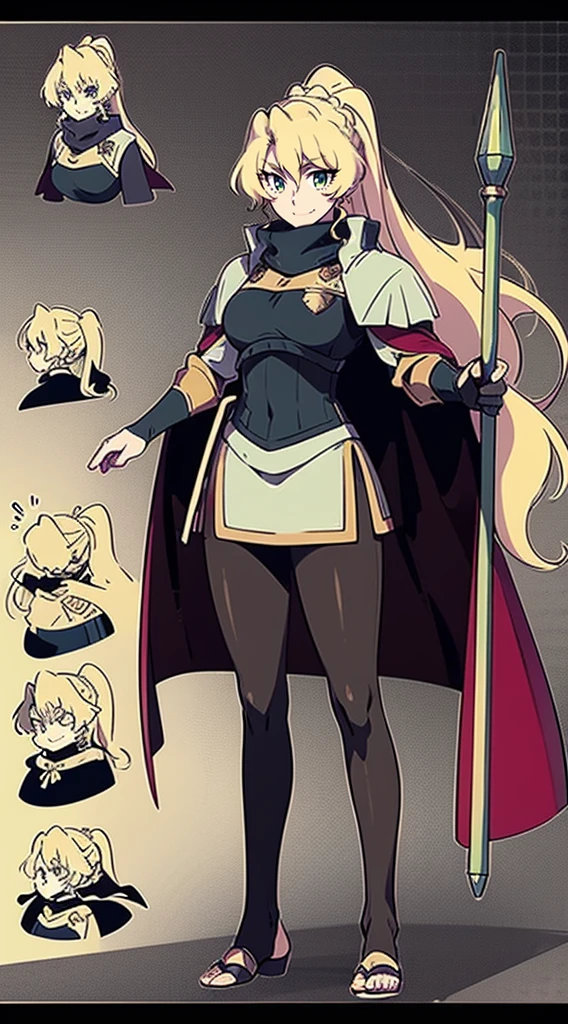 skirt vest, pantyhose, ponytail, long hair, blond hair, knight, medium breast,alicetaria february, green eyes,,smile, staff holding, cape, scarf, thick eyelashes,, castle background,fantasy,,standing, refsheet, solo focus, full body, flipflops,