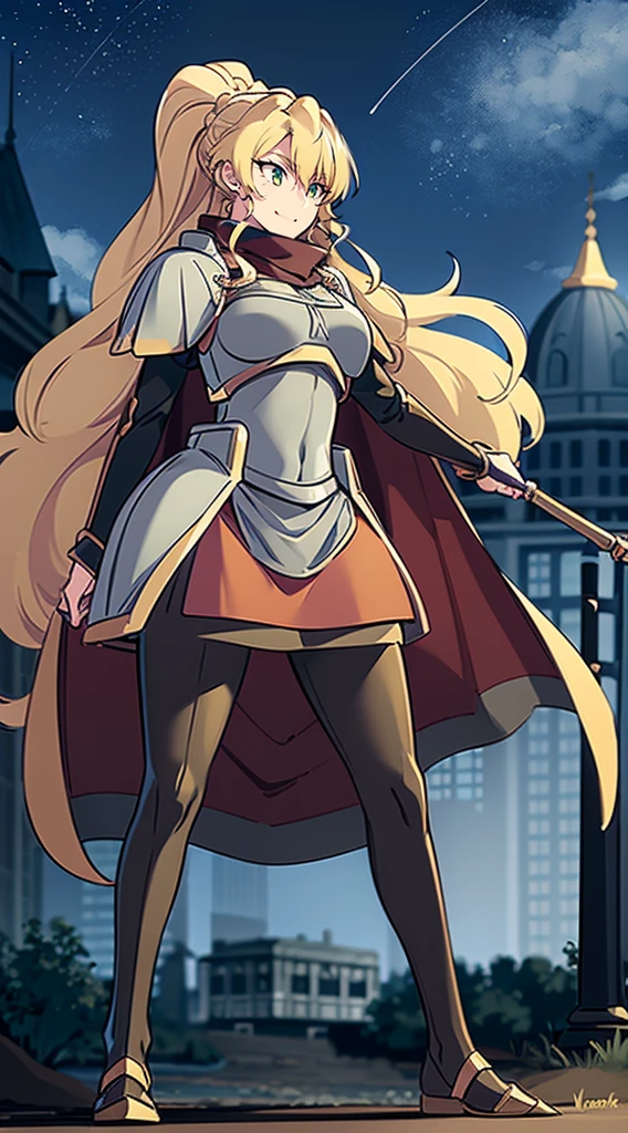 skirt vest, pantyhose, ponytail, long hair, blond hair, knight, medium breast,alicetaria february, green eyes,,smile, staff holding, cape, scarf, thick eyelashes,, castle background,fantasy,,standing, refsheet, solo focus, full body, flipflops,