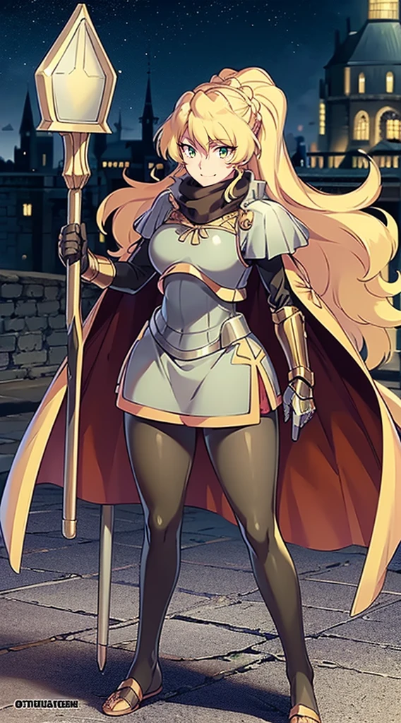 skirt vest, pantyhose, ponytail, long hair, blond hair, knight, medium breast,alicetaria february, green eyes,,smile, staff holding, cape, scarf, thick eyelashes,, castle background,fantasy,,standing, refsheet, solo focus, full body, flipflops,