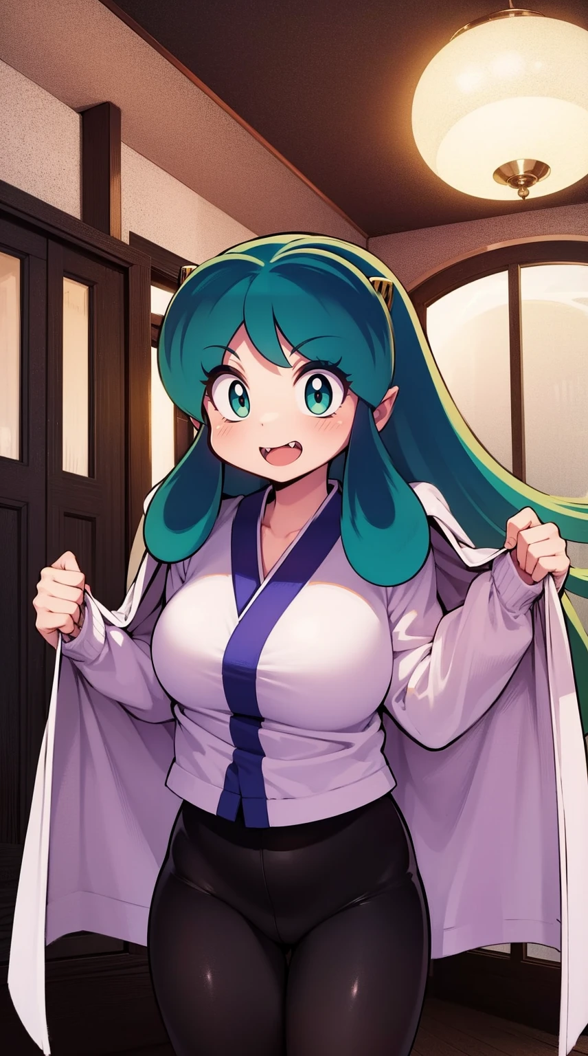 lum, , superhero costume, urusei yatsura, cloak, pants, pullover, kimono,martial pov,, pantyhose, sharpteeth