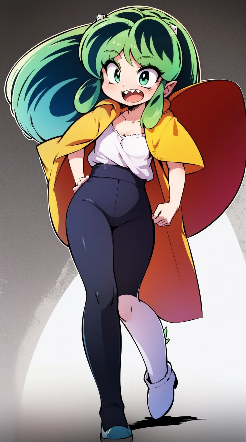 lum, , superhero costume, urusei yatsura, cloak, pants, pullover, kimono,martial pov,, pantyhose, sharpteeth