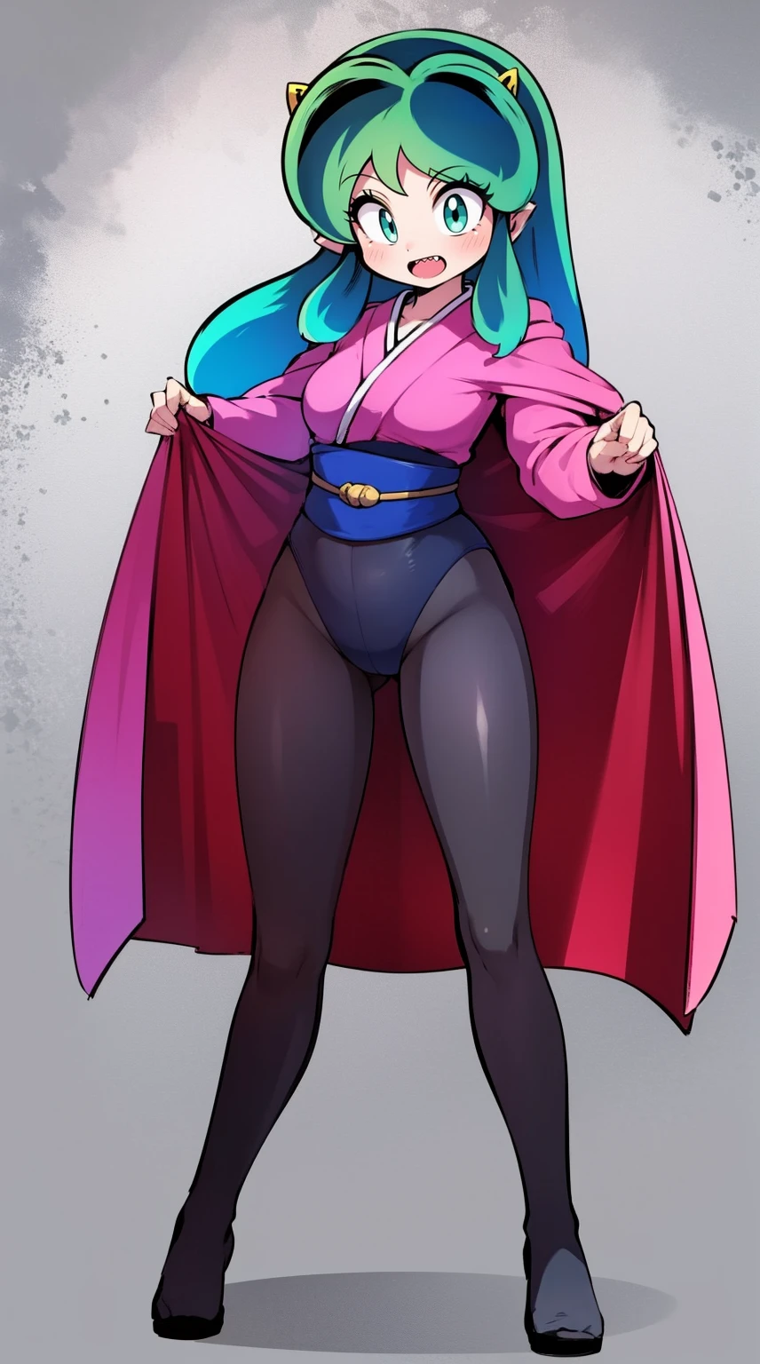 lum, , superhero costume, urusei yatsura, cloak, pants, pullover, kimono,martial pov,, pantyhose, sharpteeth