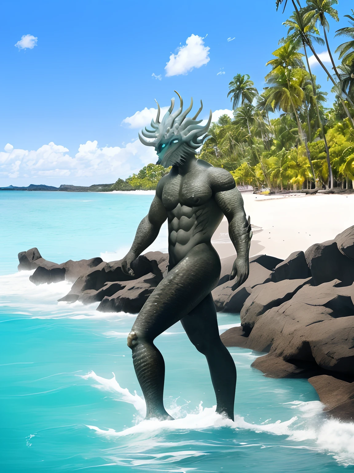 Caramuru, God of the seas, he is a hybrid, defined man's body, his skin is the same as that of the gray moray fish, from head to toe, he has no hair, his helmet is made of whale teeth, he is entering the sea , it is being seen from the side, it is quite powerful, and it is controlling the sea waves, entire body.