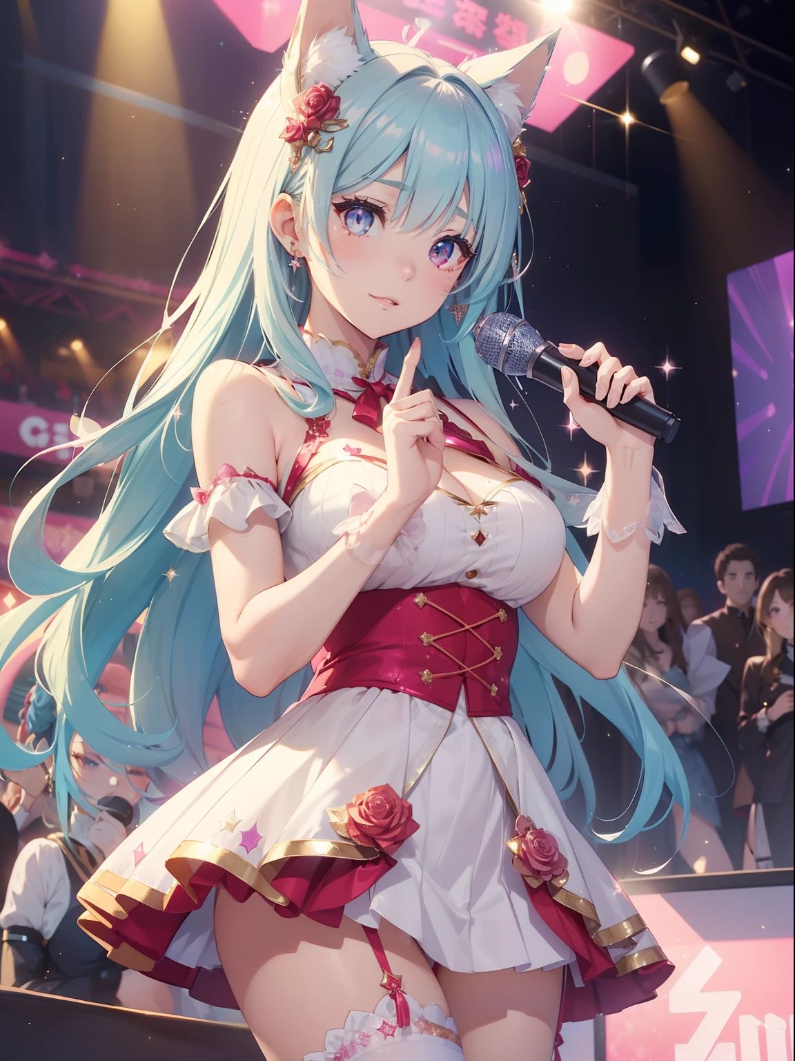 masutepiece, High resolution, 8K, anime woman, Delicate and detailed writing 、Detailed digital illustration、Very long hair and shiny、Wolf ears、Bangs、a very beautiful woman、Eyes are double, Large, Bust is D cup、High image quality, High quality、Detailed background、(((Wearing idol clothes)))、((Glittering live stage backdrop))、Pale blue hair with diamond-like inner eyes、Gradient pupil、(((2 arms、4 fingers, 1 thumb)))、Detailed female face、Very beautiful and cute woman、、细致背景、masterpiece、Soft Focus , Bright gradient watercolor , Lens Flare , (((Glitter))) , Glow , Dreamy , (((Holding a glitter microphone in your hand)))、a miniskirt、Nothing at hand、Idol、Pink ribbon、Very beautiful red rose hair accessories、Pink and gold outfit、White is the main costume、Cute panty shot、