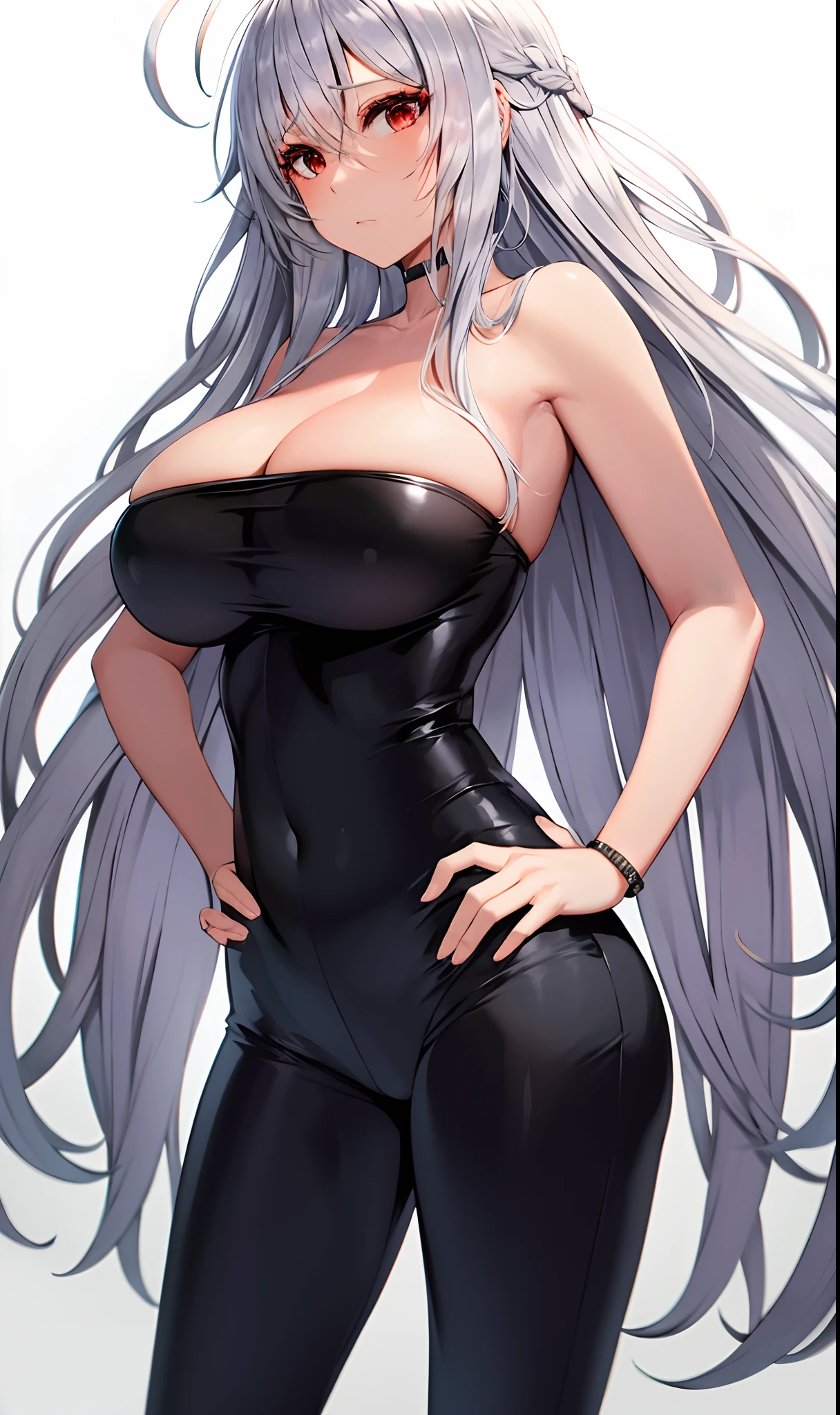 Masterpiece, (best qualtiy), highly detailed, Ultra-detailed, Cold, 1girll, a beauty girl, stare, Red eyes, Beautiful detailed eyes, Long hair, White hair, Silver hair, Wing-like bangs, Dull hair, ahoge, Hair rings, Braid, alternate costume, Black pants, Breasts, full bodyesbian, hand on hips, Jacket, Large breasts, Long hair, view the viewer, Pants, Red eyes, (expressiveless), Simple background, Solo, standing, Very long hair, White background,