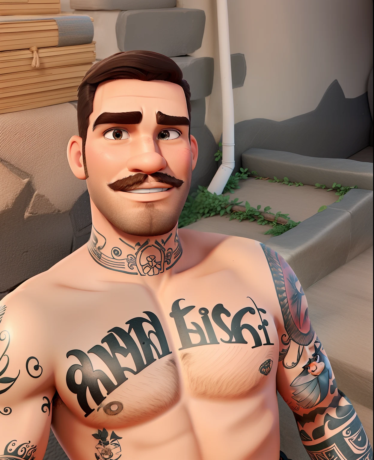 homem tatuado branco , cavanhaque ,barba,  estilo disney. otima qualidade