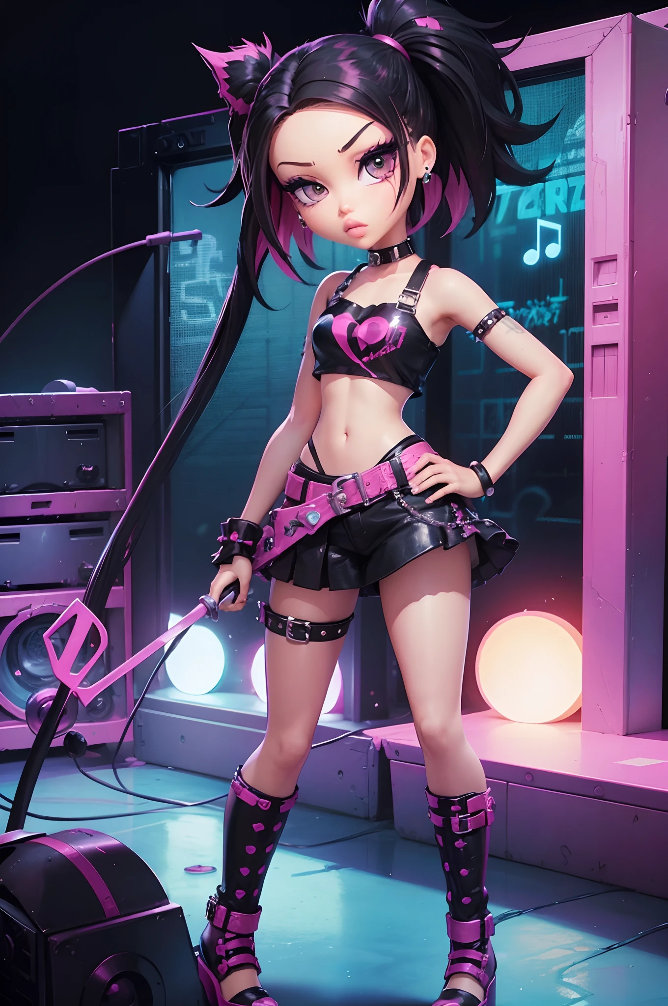 1girl, ((Bratz Doll)), scottpilgrimvstheworld, musician, rocker girl, punk girl, emo girl, pop girl, cinematic lighting, cinematic style, perfect anatomy, perfect physics.