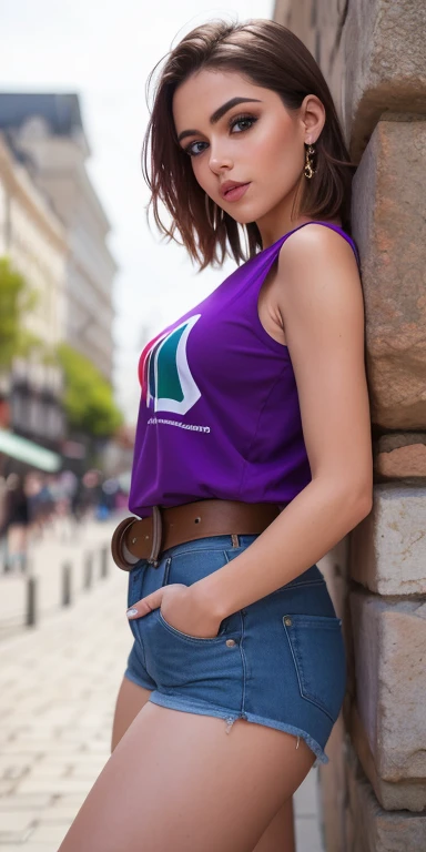 Photo of a 20-year-old European girl, .RAW, beautiful woman,pecas en mejillas ,hermosos ojos azules(short light brown hair),corte de cabello pixie ((retrato)), ((Cara detallada:1.2)), ((Detailed facial features)), (Piel finamente detallada), Pale skin,parque, Noria de Londres、Purple sleeveless t-shirt with skull image ,falda color lila con patrones de cuadros , Loose white belt, Long boots with heels ,lindo maquillaje, Purple eyeshadows on eyelids ,Un sexy(cool color), humid, humid, Reflectores, (Masutepiece) (proporciones perfectas)(fotos realistas)(La mejor calidad) (Detallado) fotografiado con una EOS R5 de Canon, Lente de 50 mm, f/2.8, NffSW, (8k) (papel tapiz) (cinematic lighting) (Dramatic lighting) (foco nítido) (Enrevesado) moda, Desde arriba