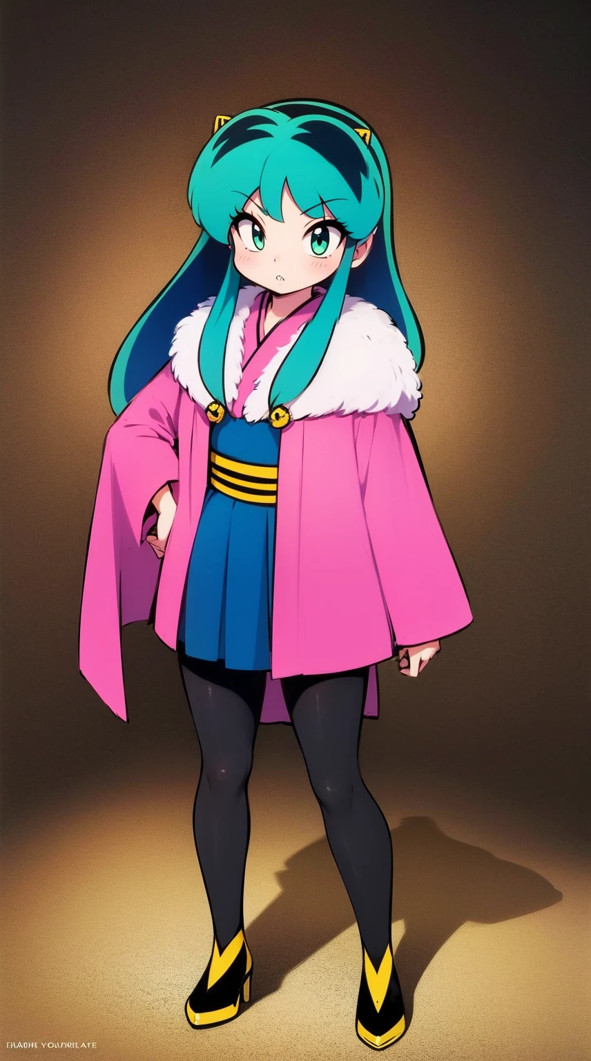 lum, , superhero costume, urusei yatsura, cloak, pants, pullover, kimono,martial pov,, pantyhose, sharpteeth, standing