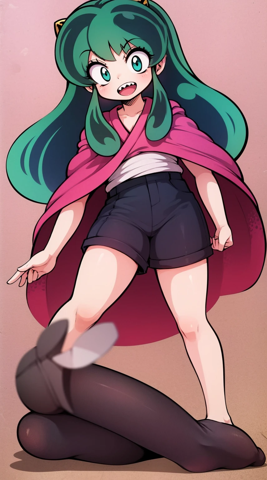 lum, , superhero costume, urusei yatsura, cloak, pants, pullover, kimono,martial pov,, pantyhose, sharpteeth, standing