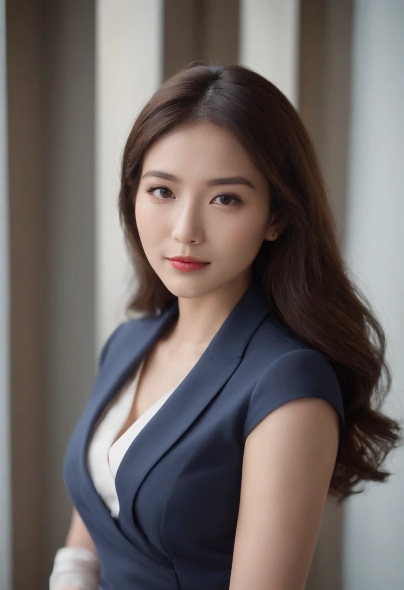 Professional image of a 25-year-old Japan professional woman, Wearing a navy blue business casual suit and hip wrap skirt, professional profile photo, Pose with your arms crossed, professional photograpy, professional profile photo, women's pictures, businesswoman, lecturer, Black hair, Slim body, 8K High Resolution