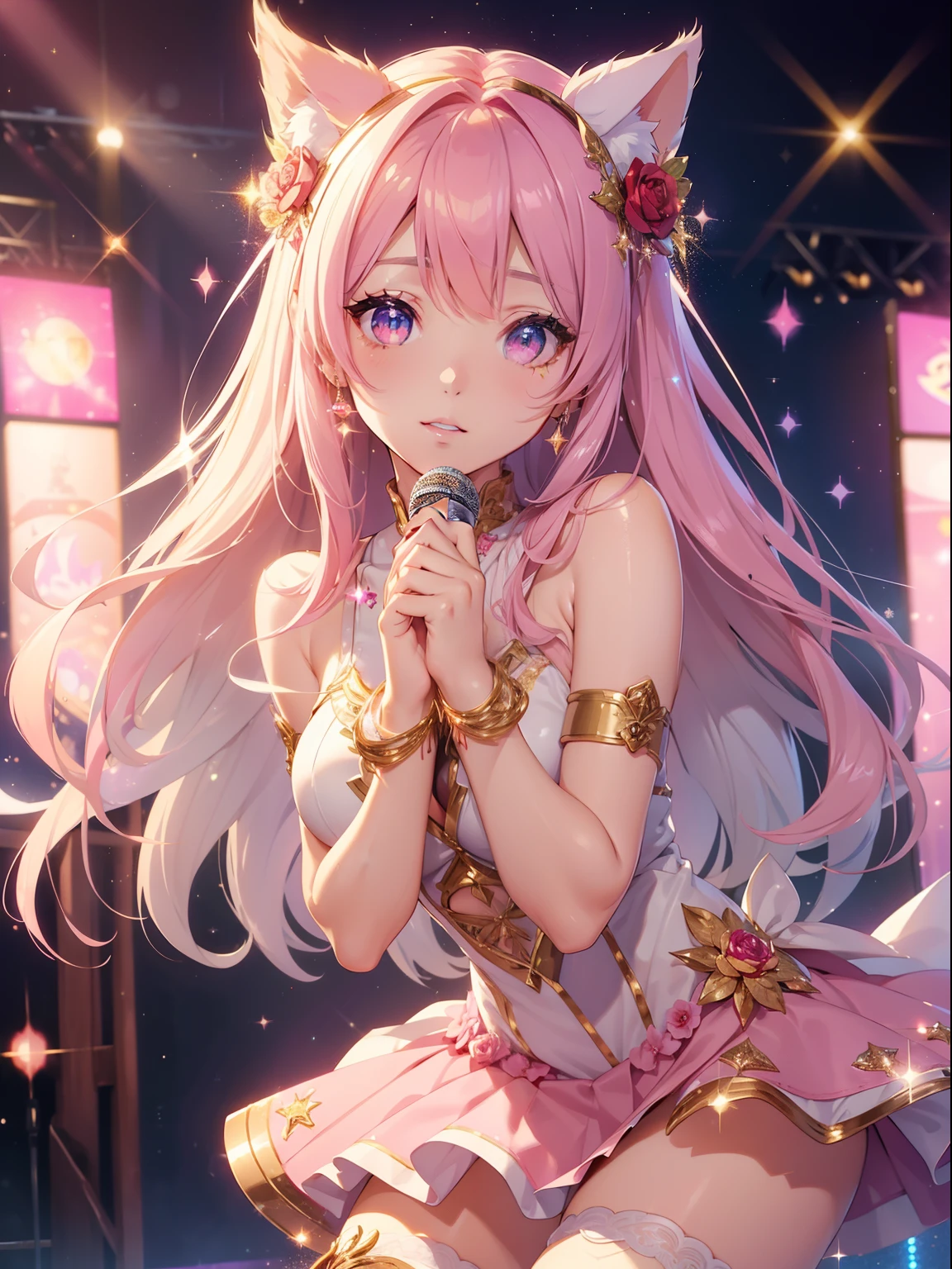 masutepiece, High resolution, 8K, anime woman, Delicate and detailed writing 、Detailed digital illustration、Very long hair and shiny、Wolf ears、Bangs、a very beautiful woman、Eyes are double, Large, Bust is D cup、High image quality, High quality、Detailed background、(((Wearing idol clothes)))、((Glittering live stage backdrop))、Pale blue hair and diamond-like eyes、Gradient pupil、(((2 arms、4 fingers, 1 thumb)))、Detailed female face、Very beautiful and cute woman、、细致背景、​masterpiece、Soft Focus , Bright gradient watercolor , Lens Flare , (((Glitter))) , Glow , Dreamy , (((Holding a glitter microphone in your hand)))、a miniskirt、Nothing at hand、Idol、Pink ribbon、Very beautiful red rose hair accessories、Pink and gold outfit、White is the main costume、Cute Panty Shot Chiller、Panchira appearance、
