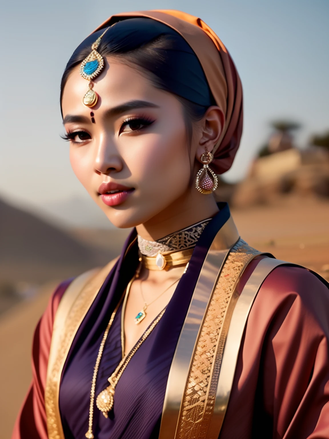 fking_scifi, fking_scifi_v2, portrait of a young, seductive, extremely beautiful and attractive javanese hijabi, in front of a city in the desert, rich colorful clothes and golden jewelry, close up, regal pose and attitude. fking_cinema_v2.
