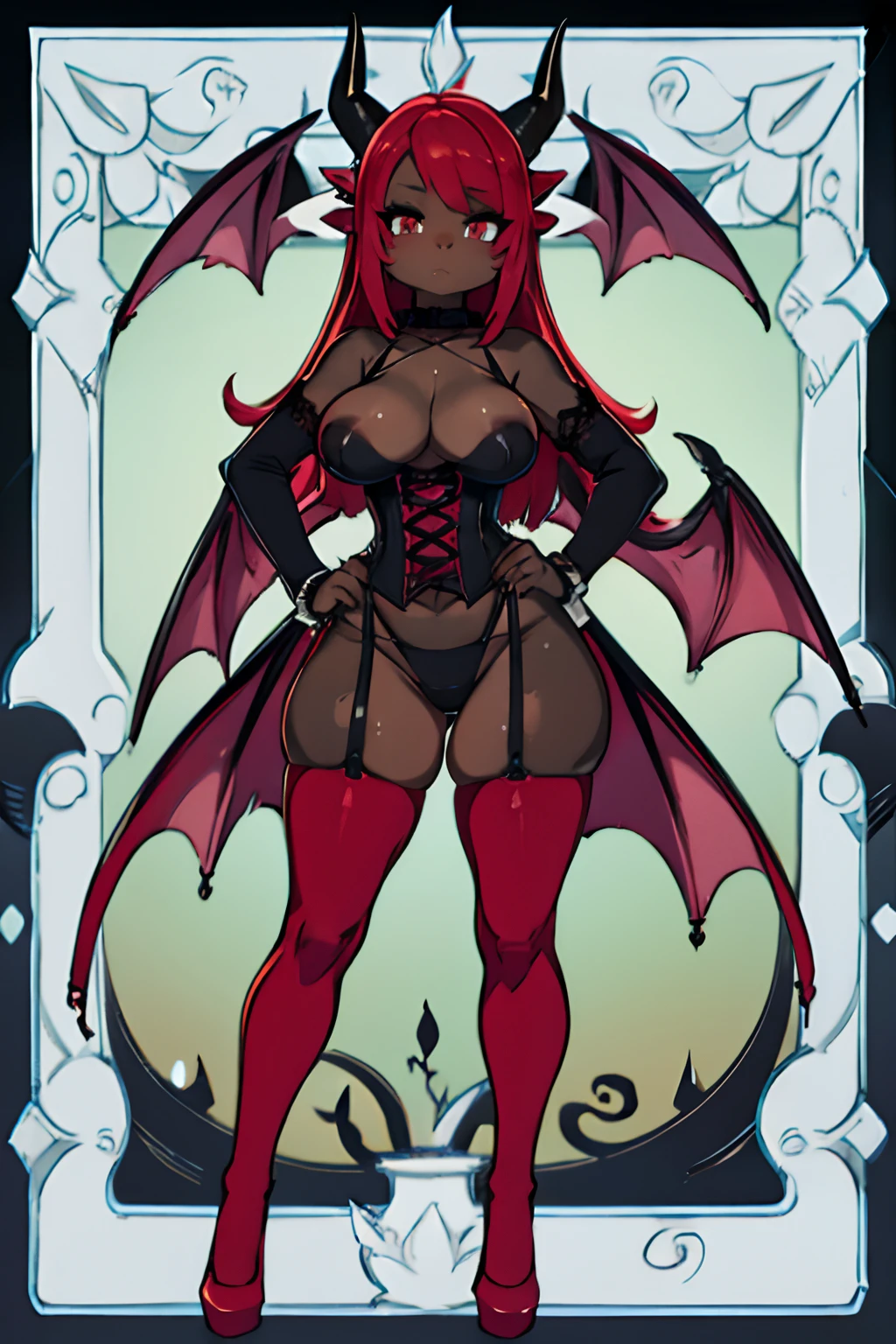 succubus girl, ((bat ears on head)), (succubus horns), (black skin:1.8), detailed eyes,
BREAK,
red eyes, (ahegao:1.1), freckles,
BREAK,
(red glowing hair), straight hair, hearts,
BREAK,
big boobs:1.2, round nipples,
BREAK,
purple eyeshadow, red gloss, red blush, (thick eyeliner), ((red eyebrows)),
BREAK,
Professional photography, full body,
BREAK,
Red Corset and garter,
BREAK,
cuffs,
BREAK,
(red stockings:1.5), (lace trim),
BREAK,
black heels, hands on hips, full body, standing,
BREAK,