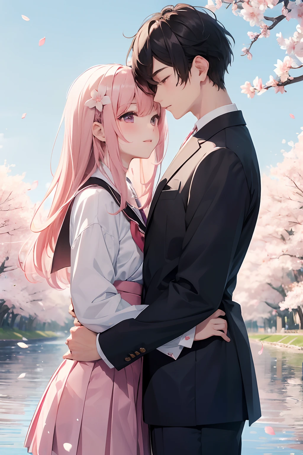 Cherry blossom trees are in full bloom on both sides of the river,Cherry blossoms fly in the sky,The boy looked at the girl, Japanese-style school uniform,We know that our love is the best, Because we are in each other's arms, When stars come out to play.