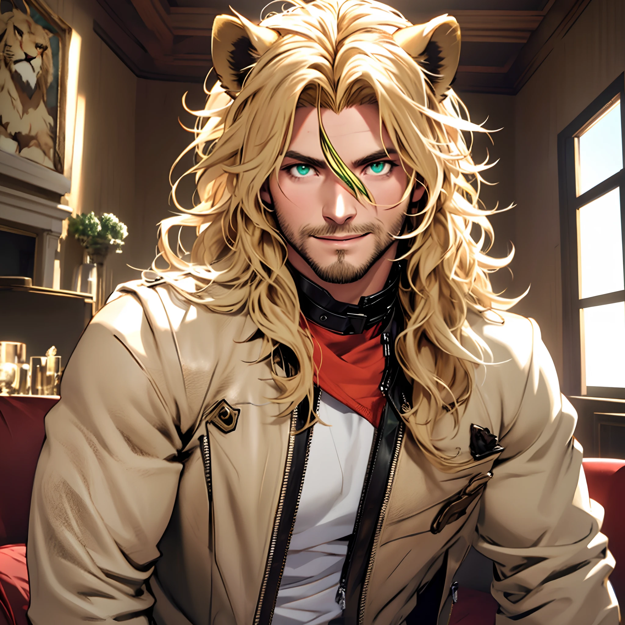 leather jacket, one male, lion ears, long hair, blond, blond hair, green eyes, tall, muscular, white shirt, beautiful face, highest quality, masterpiece, 3d, anime, perfect face, highest detail, feline eyes, stubble, lion tail, wavy hair, low shot, detailed face, intricate details, looking down, living room background, smile, bara