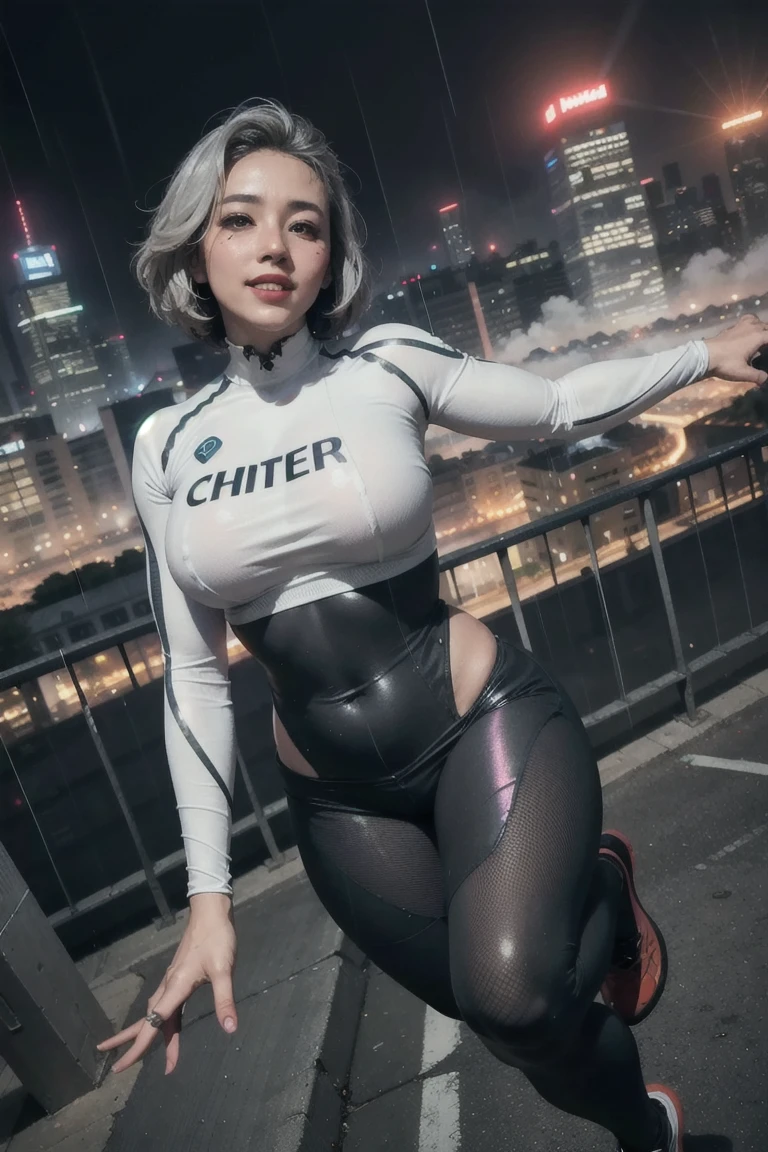 mature spider-woman, unreal engine, adult face, masterpiece, realistic, best quality, colorful ((white city)) roof view at night, white iridescent bodysuit, crop jacket, smile, fisheye view from below, dynamic running pose, mist, body jewelry, circlet, chin mask, bob-cut, rain, defined muscles, pearlescent