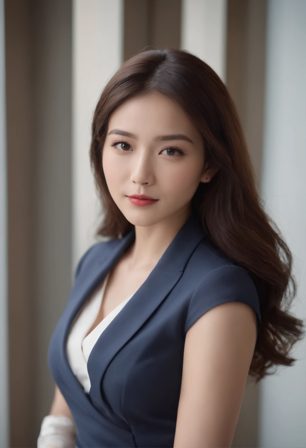 Professional image of a 25-year-old Japan professional woman, Wearing a navy blue business casual suit and hip wrap skirt, professional profile photo, Pose with your arms crossed, professional photograpy, professional profile photo, women's pictures, businesswoman, lecturer, Black hair, Slim body, 8K High Resolution