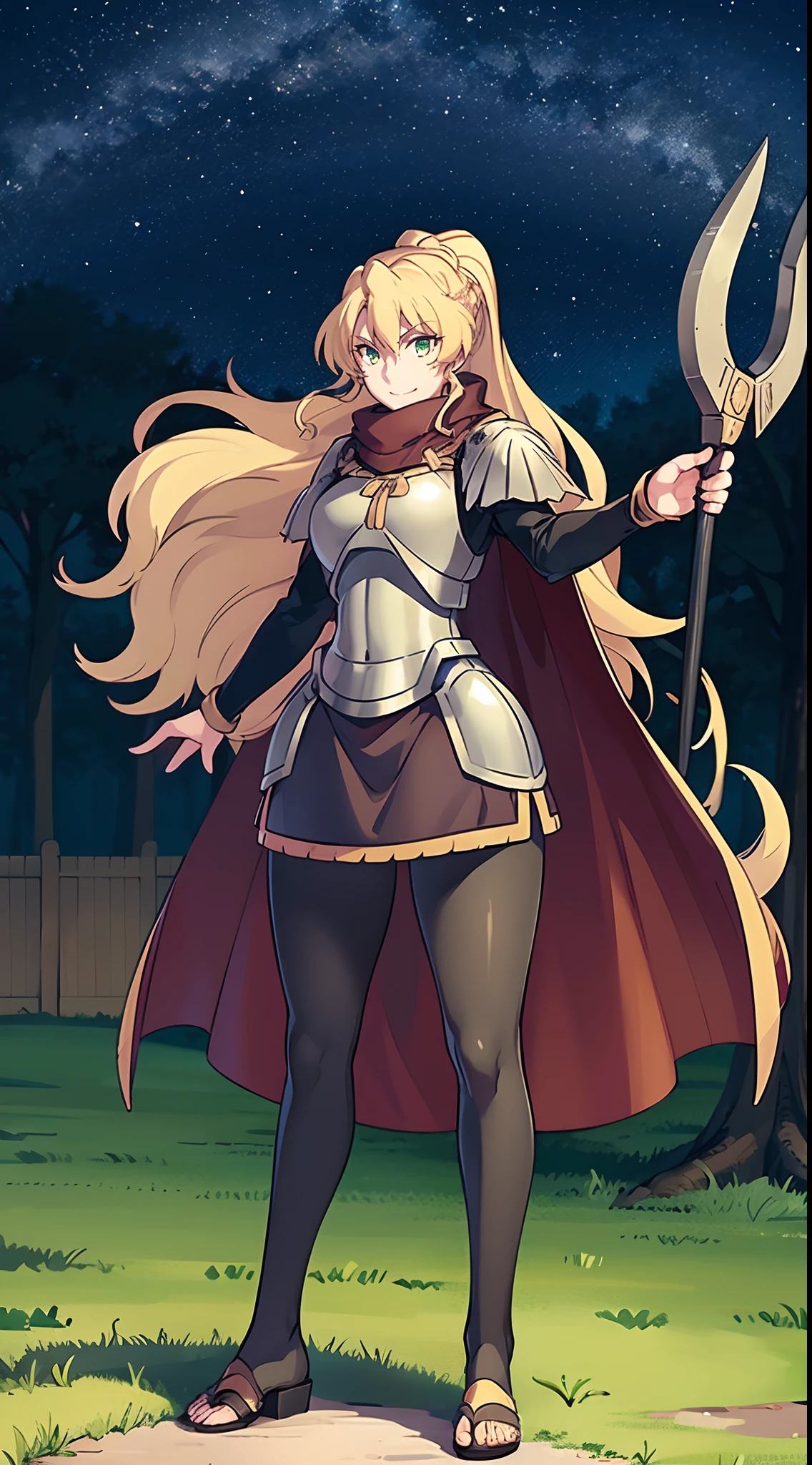 skirt vest, pantyhose, ponytail, long hair, blond hair, knight, medium breast,alicetaria february, green eyes,,smile, staff holding, cape, scarf, thick eyelashes,, castle background,fantasy,,standing, refsheet, solo focus, full body, flipflops,