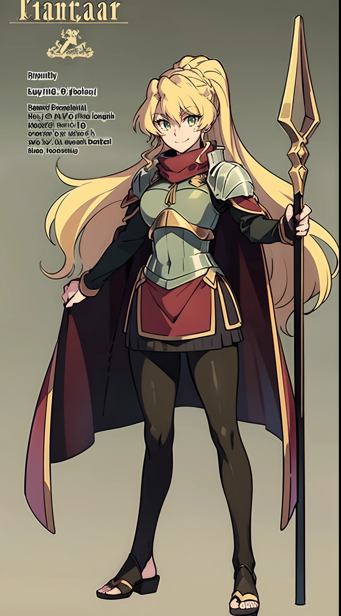 skirt vest, pantyhose, ponytail, long hair, blond hair, knight, medium breast,alicetaria february, green eyes,,smile, staff holding, cape, scarf, thick eyelashes,, castle background,fantasy,,standing, refsheet, solo focus, full body, flipflops,