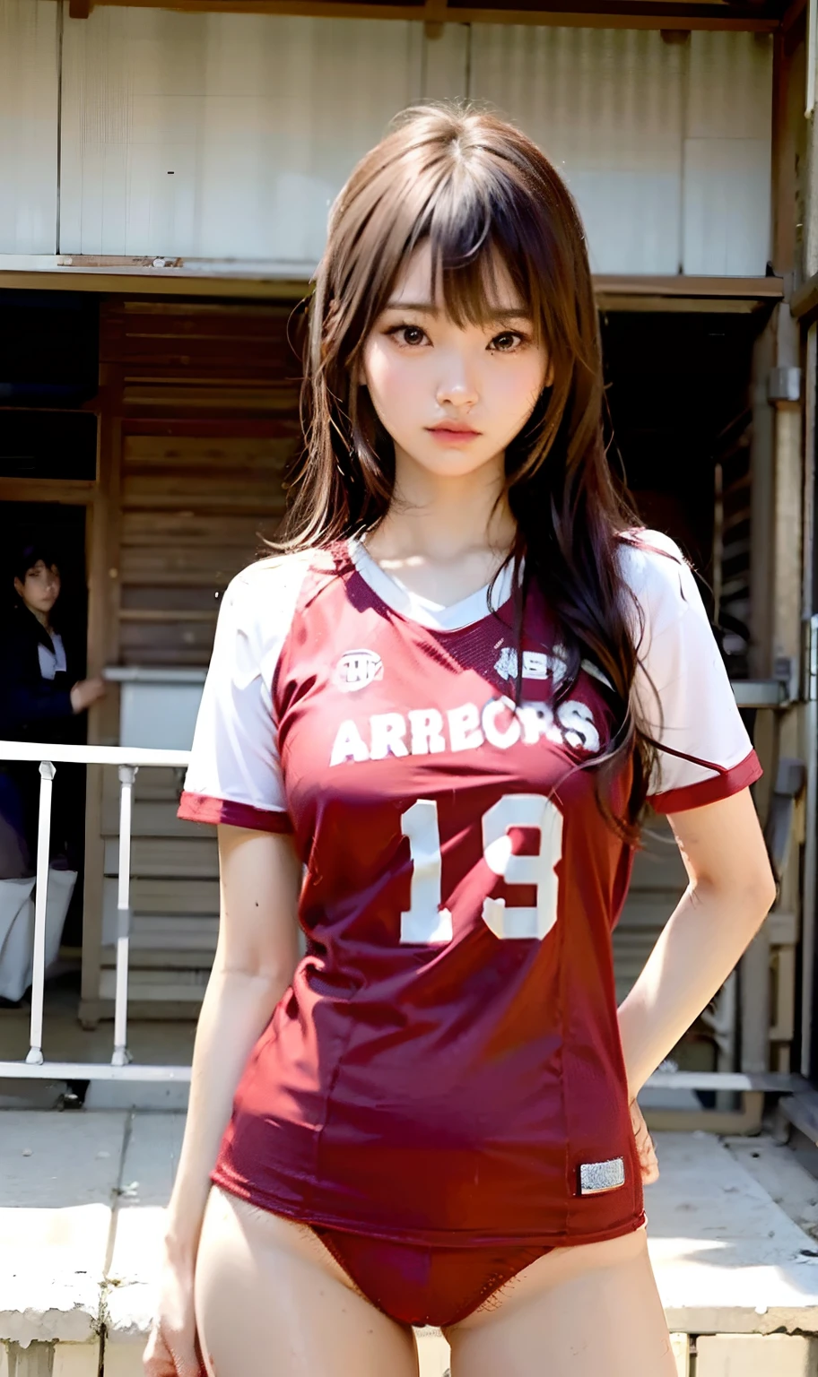 Asian woman from Arafe in red volleyball uniform posing for photo, Wearing a volleyball jersey, sakimichan hdri, jaeyeon nam, shin min jeong, nishimiya shouko, lee ji - eun, lee ji-eun, 165 cm tall, Chiho Ashima, Hwang Se - On, Choi Hong Hwa, Sui Ishida