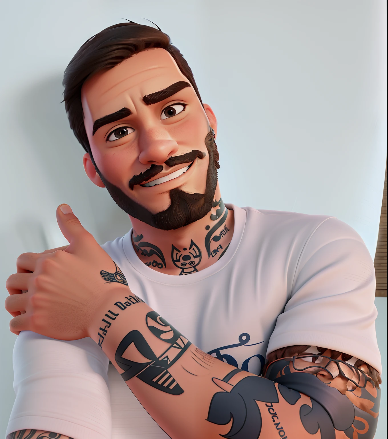 homem branco tatuado com barba pequena, olhos castanhos, estilo disney