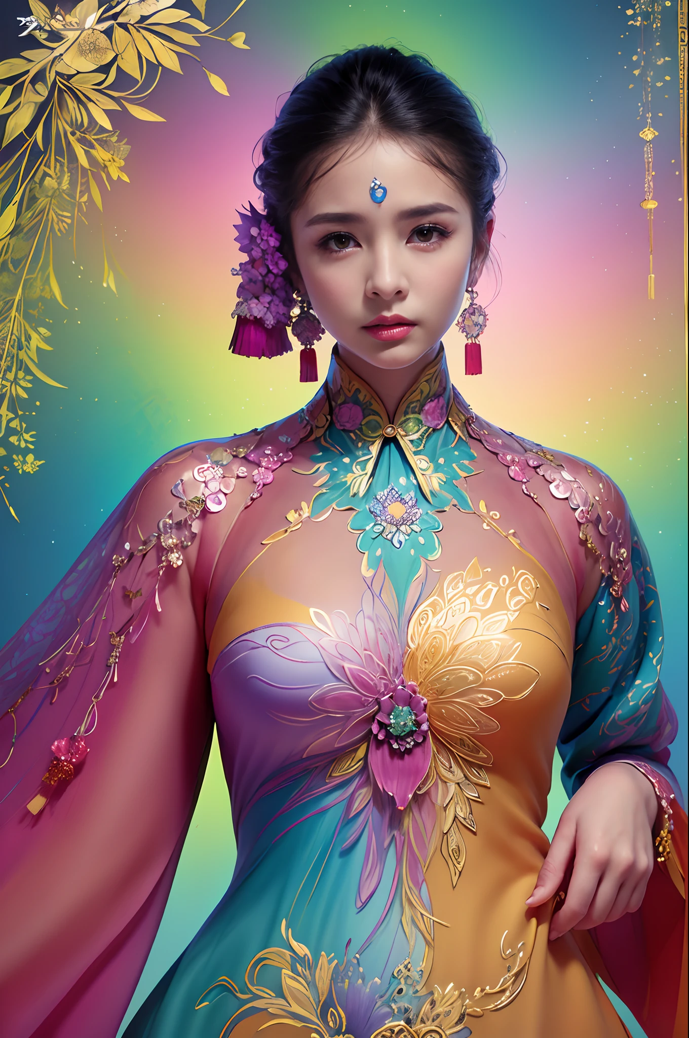 (masterpiece、top-quality、top-quality、Official Art、Beautifully Aesthetic:1.2)、(1girl in:1.3)、ighly detailed、(Fractal art:1.1)、(colourfull:1.1)(florals:1.3)、highestdetailed、(Zentangle:1.2)、(dynamicposes)、(abstract background:1.3)、(Chinese Traditional Cloth:1.2)、(shinny skin)、(many colors:1.4)、、(耳Nipple Ring:1.4)、wearing sweater