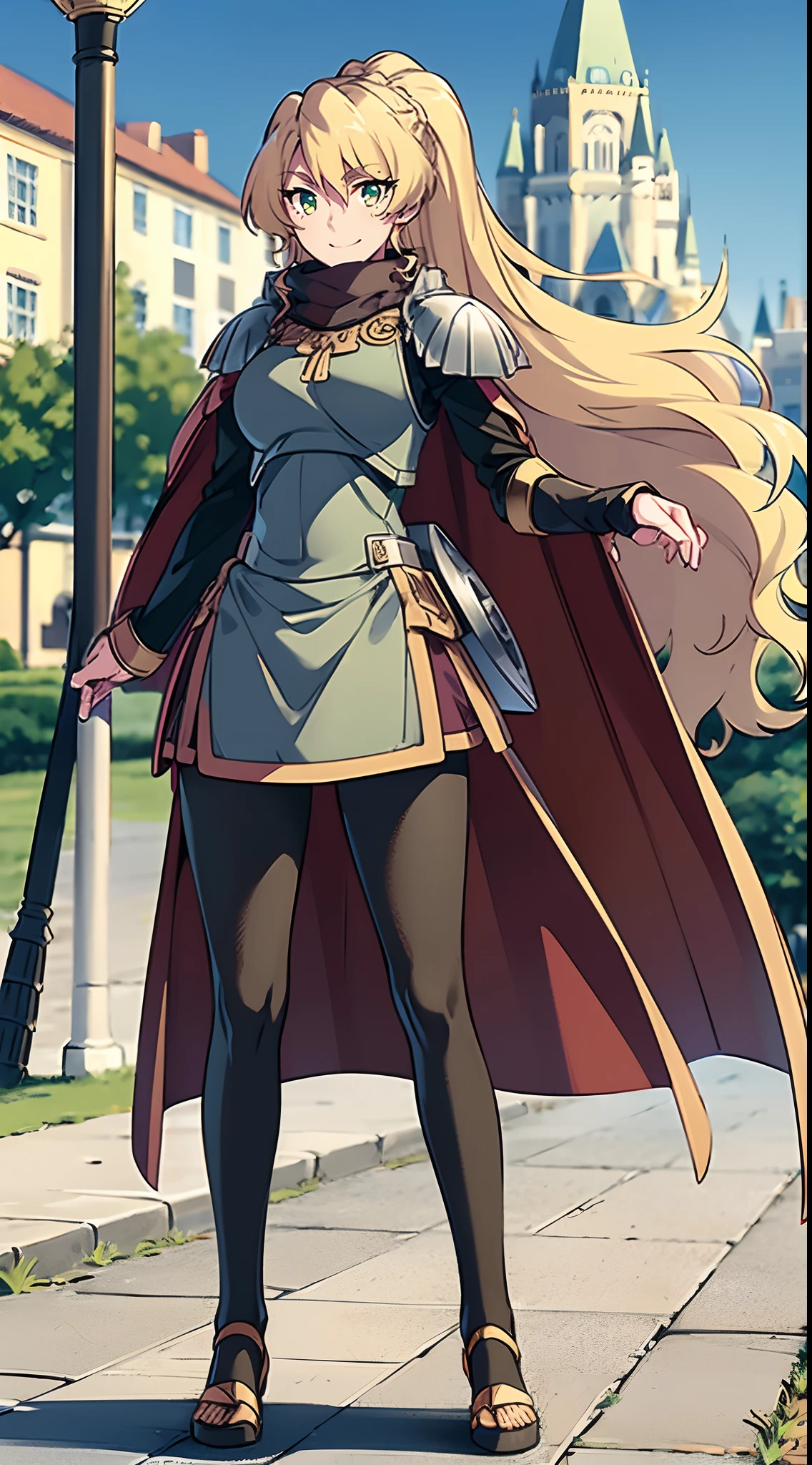 skirt vest, pantyhose, ponytail, long hair, blond hair, knight, medium breast,alicetaria february, green eyes,,smile, staff holding, cape, scarf, thick eyelashes,, castle background,fantasy,,standing, refsheet, solo focus, full body, flipflops,