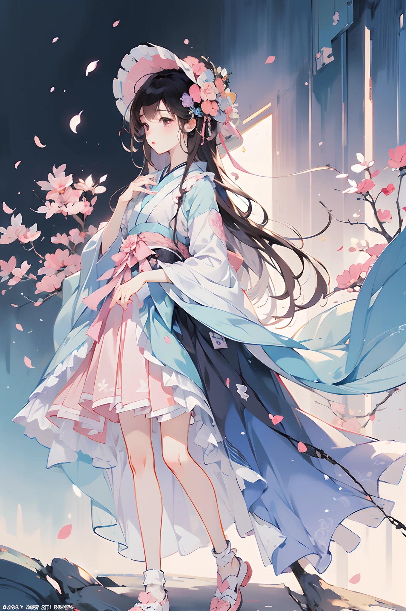 1girll, blackfootwear, Hat, Blush,standing, Skirt, Brown hair, Socks, shirt, Estampados florales, A plant, shoes, Take the vegetables, bangs,,Soft anime illustration, melancholy pastel art, serene illustration, rossdraws pastel vibrant, korean artist, pinterest anime, heise-lian yan fang, korean art nouveau anime, Anime fantasy illustration, dreamlike illustration, 🌺 CGSesociety, chiho aoshima color scheme, Cute detailed digital art, anime illustration, a beautiful anime portrait, anime visual of a cute cat, Anime Nature, Chiba Yuda, japanese art on behance, Anime Paintings, illustration], animeaesthetic, cgsociety 9, soft aesthetic, hikari shimoda, Pastel color, beautiful anime art style, lisa frank & sho murase, Kawaii realistic portrait, fleurfurr, floral renewal, Beautiful anime art, dressed in a flower dress,Guviz, style of anime4 K，