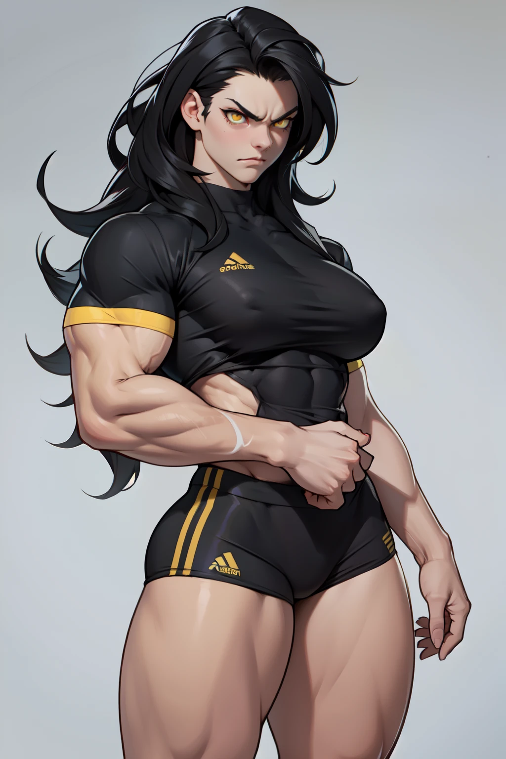 ((1girl)) pale skin large breasts (muscular) toned body thick thighs black hair yellow eyes (long hair grey background) bodybuilder angry tight shirt