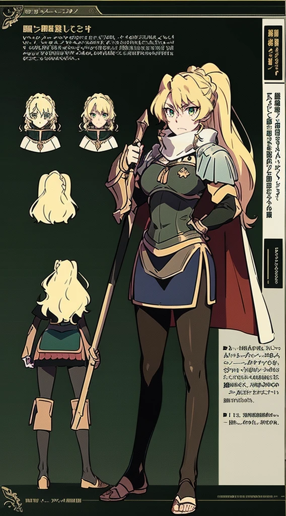 skirt vest, pantyhose, ponytail, long hair, blond hair, knight, medium breast,alicetaria february, green eyes,,, staff holding, cape, scarf, thick eyelashes,, castle background,fantasy,,standing, refsheet, solo focus, full body, flipflops,