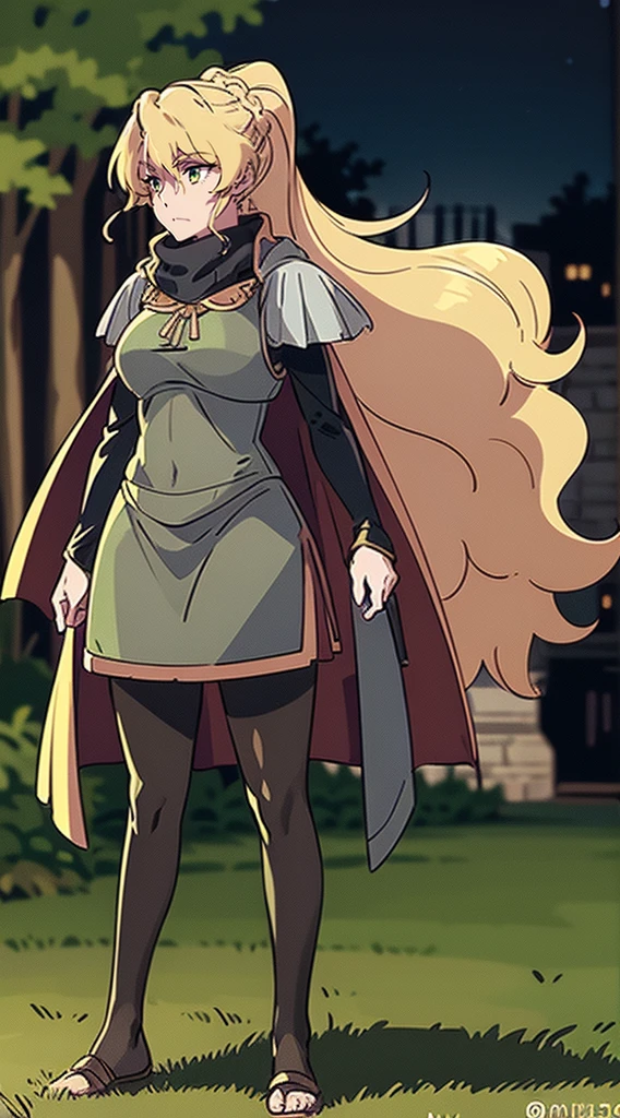 skirt vest, pantyhose, ponytail, long hair, blond hair, knight, medium breast,alicetaria february, green eyes,,, staff holding, cape, scarf, thick eyelashes,, castle background,fantasy,,standing, refsheet, solo focus, full body, flipflops,
