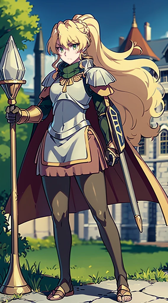 skirt vest, pantyhose, ponytail, long hair, blond hair, knight, medium breast,alicetaria february, green eyes,,, staff holding, cape, scarf, thick eyelashes,, castle background,fantasy,,standing, refsheet, solo focus, full body, flipflops,