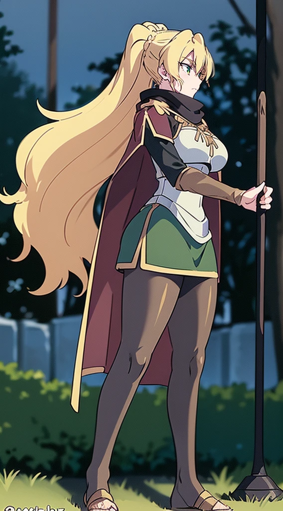 skirt vest, pantyhose, ponytail, long hair, blond hair, knight, medium breast,alicetaria february, green eyes,,, staff holding, cape, scarf, thick eyelashes,, castle background,fantasy,,standing, refsheet, solo focus, full body, flipflops,