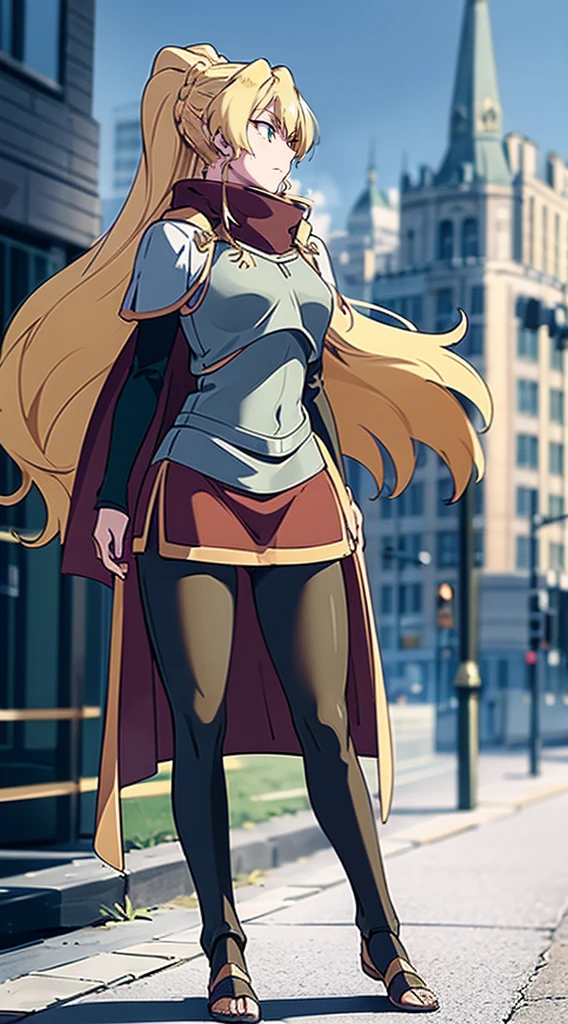 skirt vest, pantyhose, ponytail, long hair, blond hair, knight, medium breast,alicetaria february, green eyes,,, staff holding, cape, scarf, thick eyelashes,, castle background,fantasy,,standing, refsheet, solo focus, full body, flipflops,