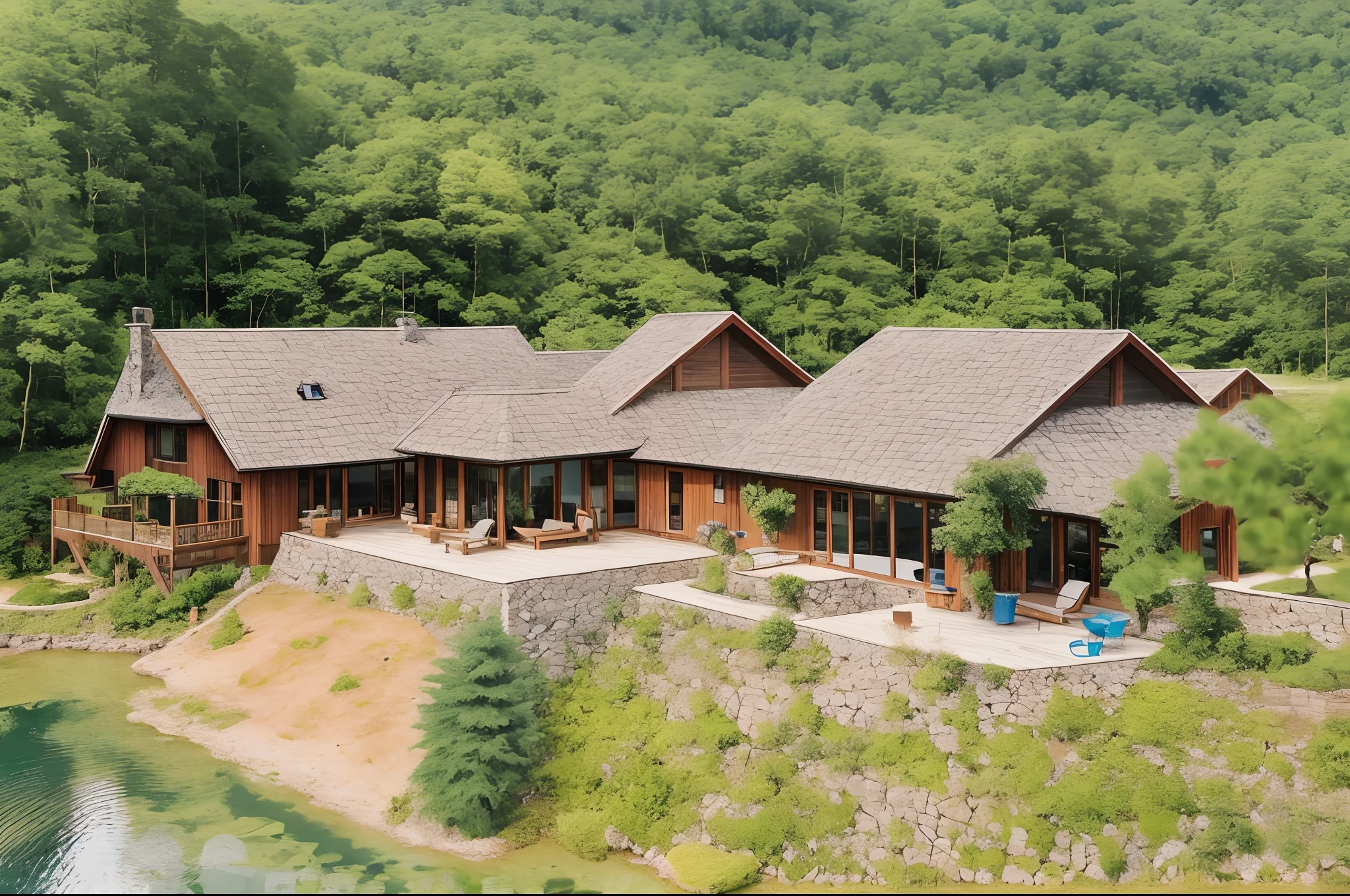 aerial view of a lake and a house with a tennis court, of a small village with a lake, eeri, by Felipe Seade, beautiful image, ariel view, ecovillage, build in a forest near of a lake, lagoon, aerial shot from the drone, by Julius as if, cool looking, aerial shot, daoshi