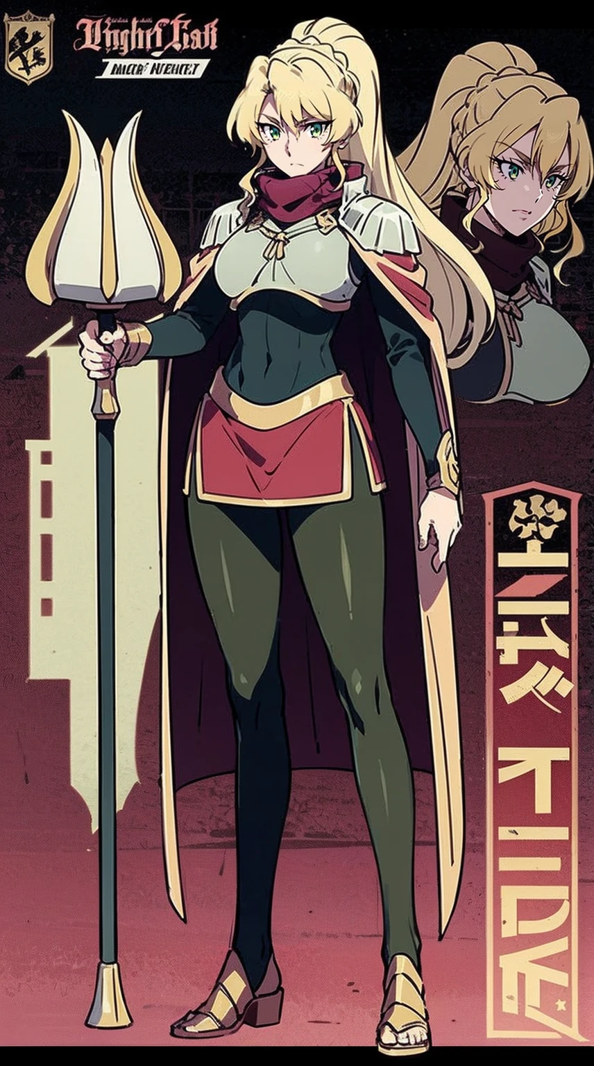 skirt vest, pantyhose, ponytail, long hair, blond hair, knight, medium breast,alicetaria february, green eyes,,, staff holding, cape, scarf, thick eyelashes,, castle background,fantasy,,standing, refsheet, solo focus, full body, flipflops,
