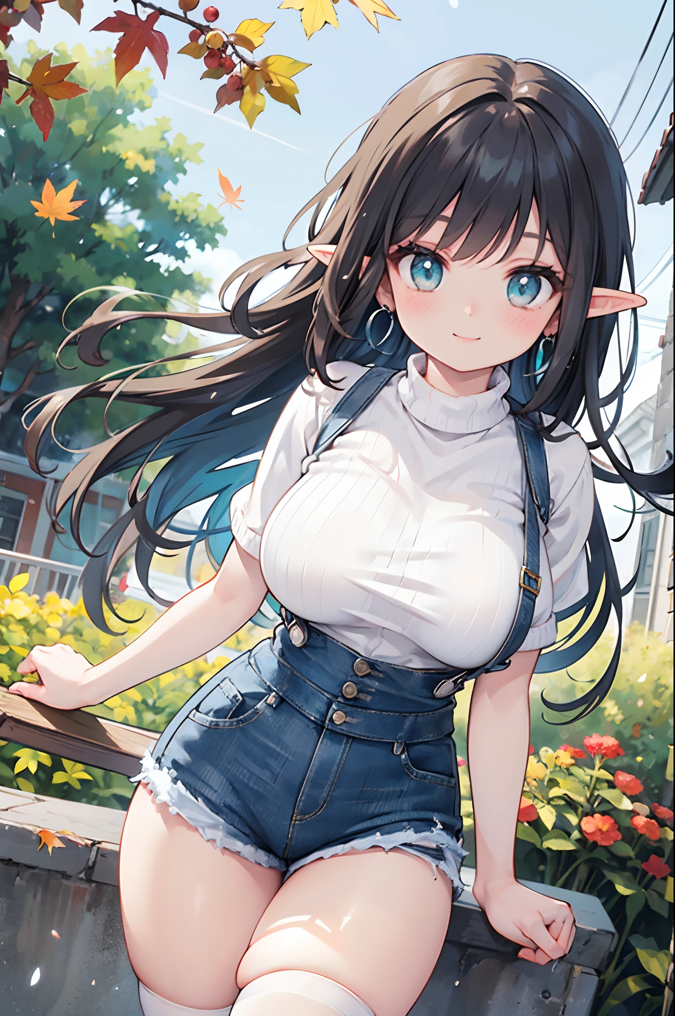 Realistic and detailed image of an elf. With a chunky knit sweater. Denim shorts, suspenders. stockings to mid-thigh. Unusually shiny long silky black hair combed to the right side. turquoise eyes. She has earrings and long eyelashes. Large breasts, slim waist, very wide hips and thick thighs. Smiling. Arched back. Posing sensually. Autumn. Falling leaves. Windy day. City with trees. Volumetric light. Ambient light.