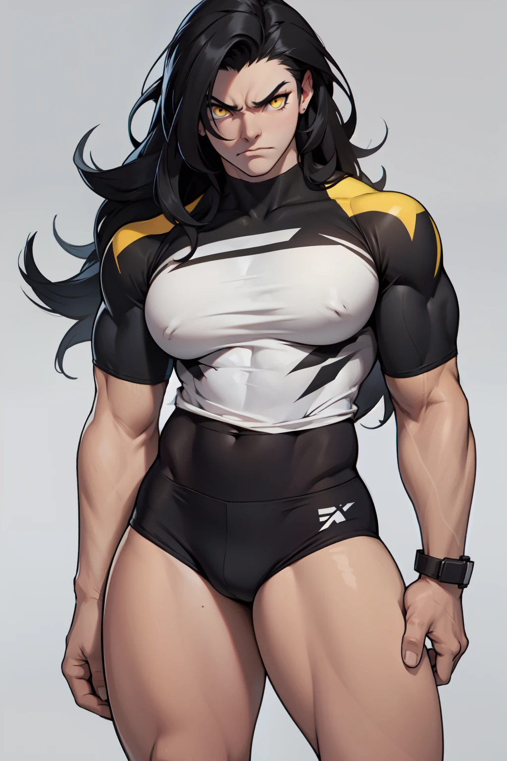 ((1girl)) pale skin large breasts (muscular) toned body thick thighs black hair yellow eyes (long hair grey background) bodybuilder angry tight shirt