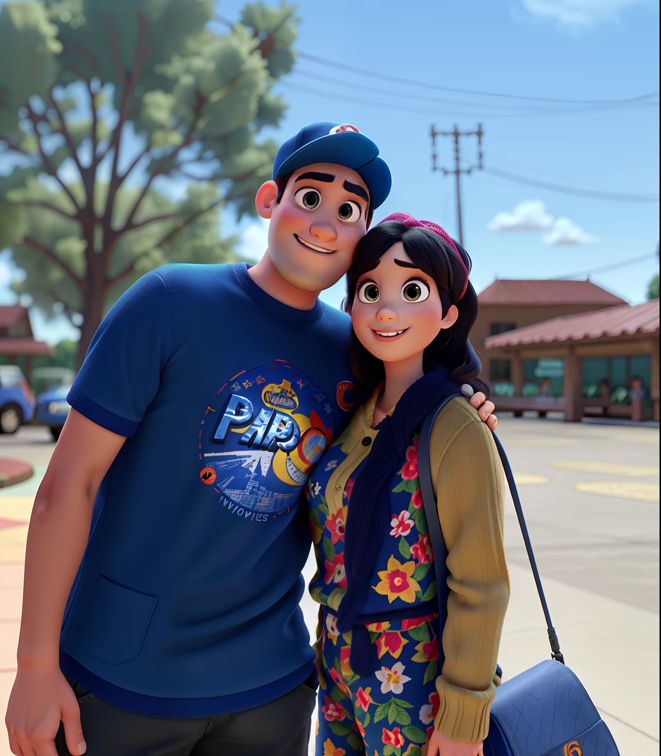 A couple arm in arm. 
She is smiling, has a robust build, wide legs, small ears, and a light complexion., wide nose big brown eyes hair in a bun and straight curtain bangs, you wore a black Jurassic Park blouse, black jeans and red converse. He is of slim build, tez morena, wide nose small eyes short dark straight hair small ears wears a formal black button down shirt and black dress pants with brown shoes, protagonists of a Disney Pixar movie digital art. Walking down a street 