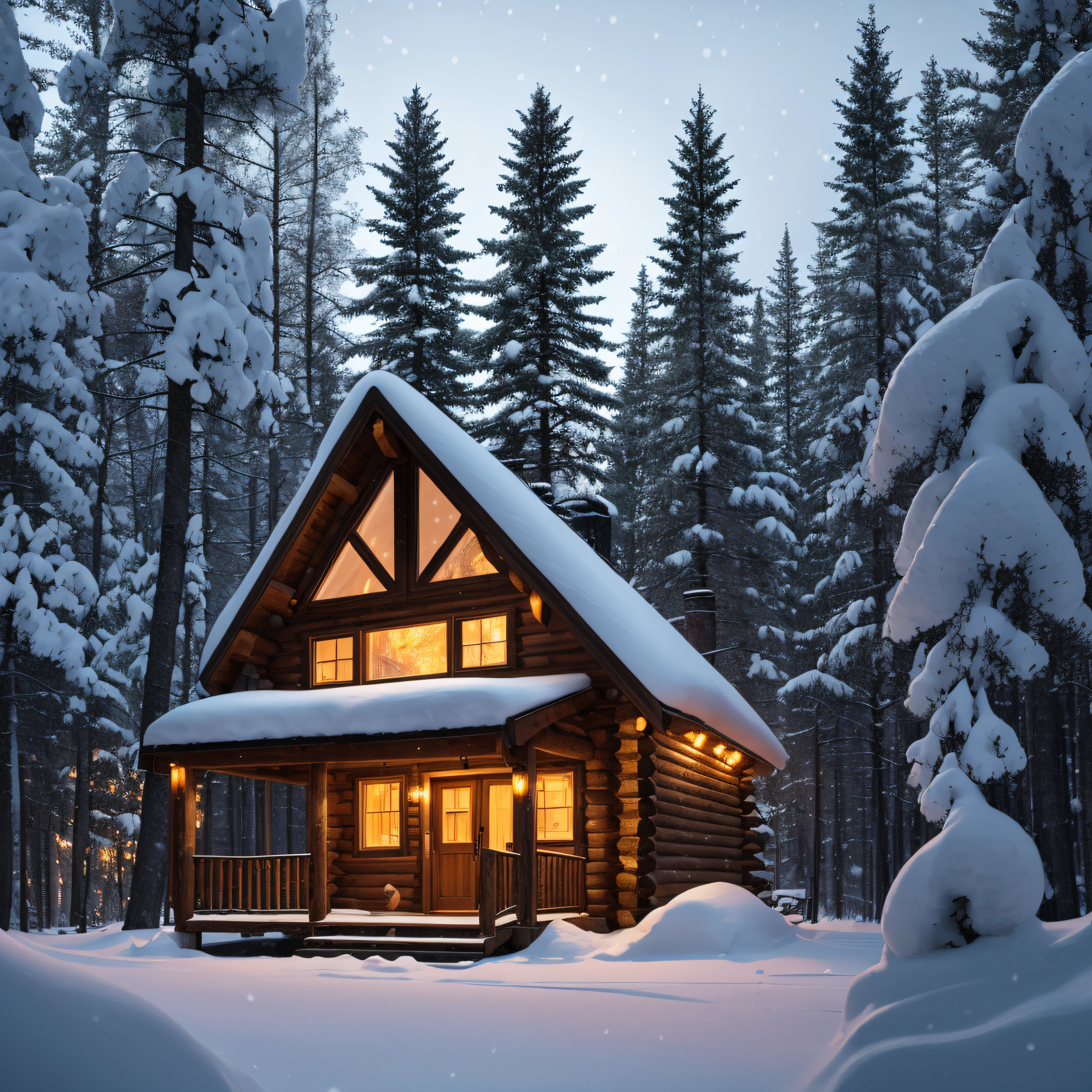 "A cozy, snow-covered cabin nestled in a serene forest, with a warm, inviting glow from its windows