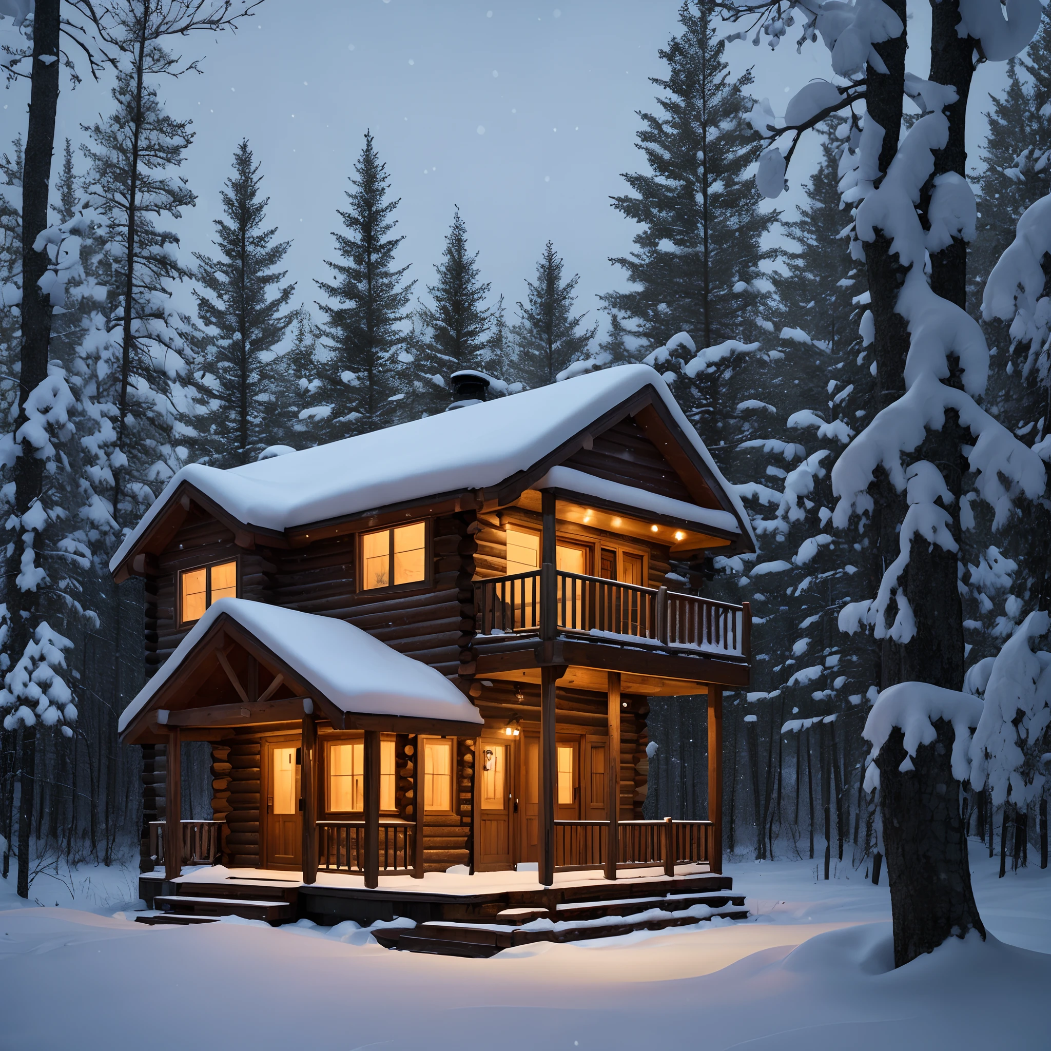 "A cozy, snow-covered cabin nestled in a serene forest, with a warm, inviting glow from its windows