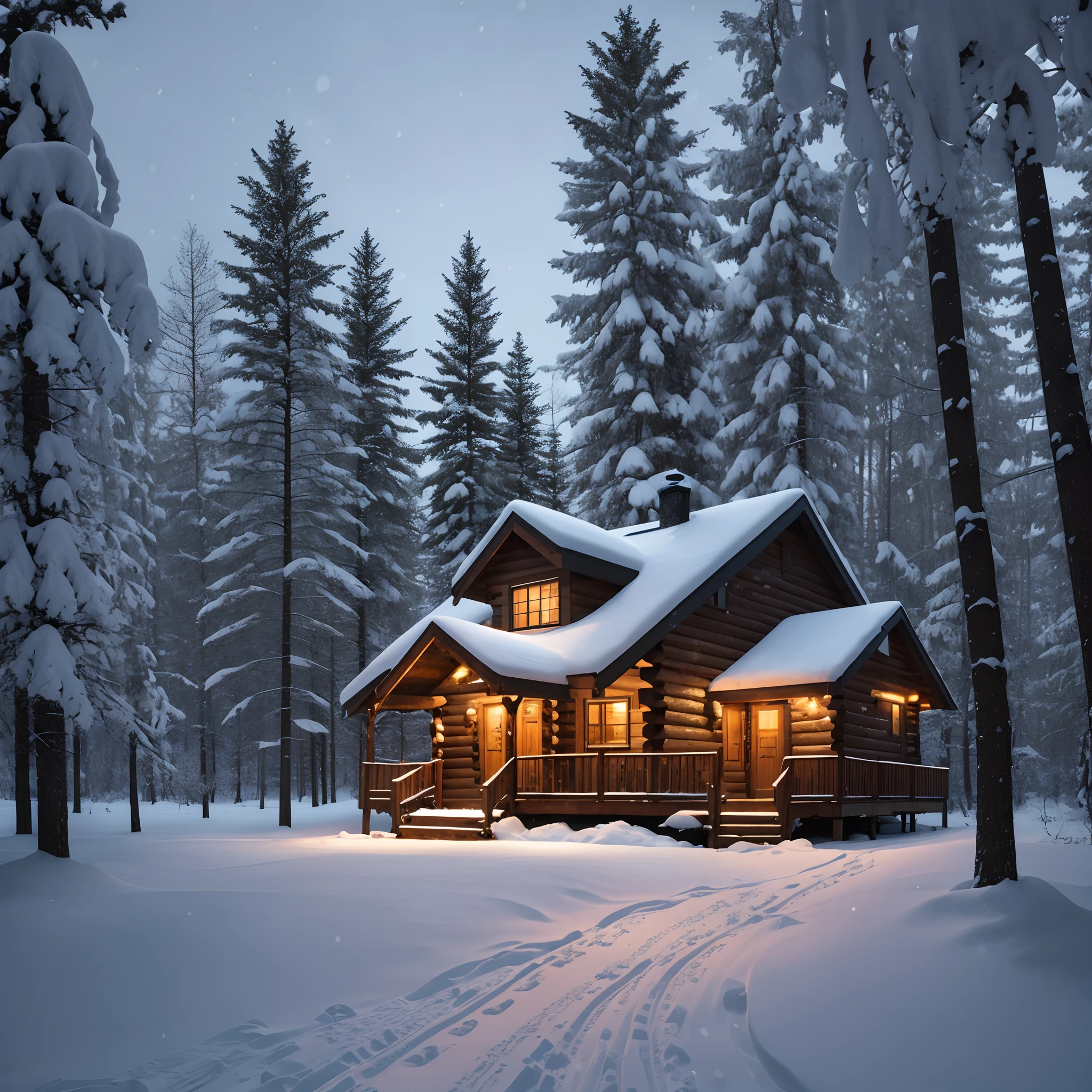 "A cozy, snow-covered cabin nestled in a serene forest, with a warm, inviting glow from its windows