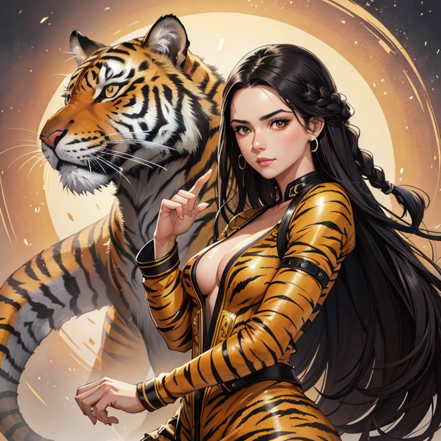  tigre, Long hair in a braid, orelhas de tigre, pelo listrado, visuais bonitos, aesthetic, efeito de sombra, olhar de tigre Brilho, brilhar, dourado, brilhante, ((traje ROUPA DE PELE DE TIGRE)), FOCO NO OLHAR PERFEITO DE TIGRE preto, Insanamente detalhado e intrincado, altamente detalhado, ArtStation por WLOP, por artgerm, arte por Tom Bagshaw, Atey Ghailan, Andrew Atroshenko, Stanley Artgerm.